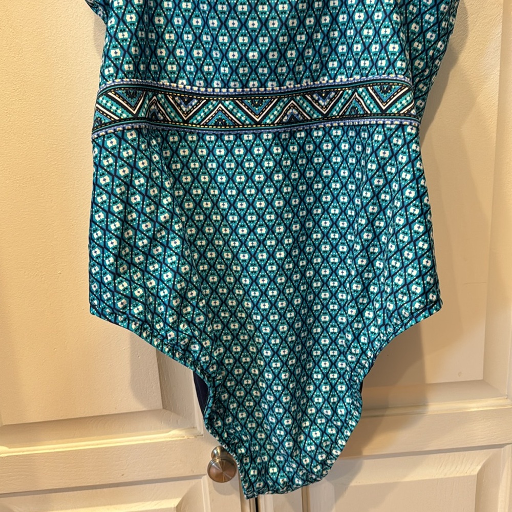 Jantzen Blue Print Keyhole High Neck One piece Swim Suit Modest Molded Cups 12 - Picture 7 of 14
